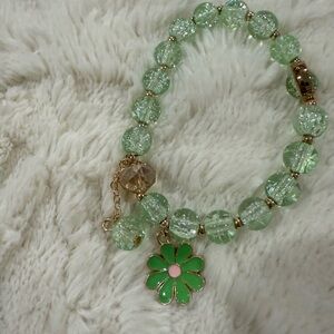 Green Beaded Bracelet with Flower Charm